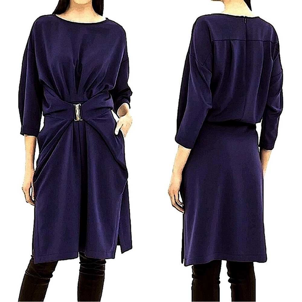 NWT BGL Belong Genteel Light Boatneck Wrap Tea Wool Blend Belt Dress Navy Blue M